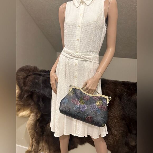 Unique Colorful Rose Embossed Cowhide Handmade Retro Style Kisslock Handbag - Picture 7 of 17